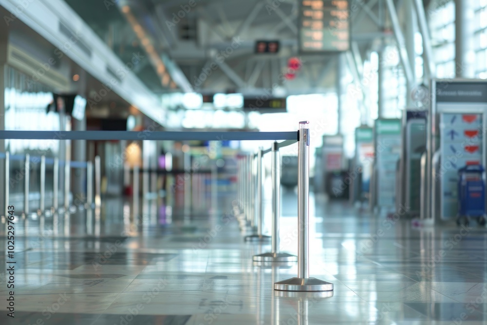 Fototapeta premium Empty airport terminal with nobody in sight, showing check in counters and security check point in the background