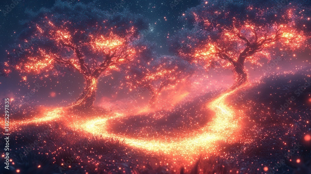 A surreal landscape featuring glowing trees and a sparkling path under a starry sky, creating a magical atmosphere. A surreal landscape featuring glowing trees and a sparkling path under a starry sky, creating a magical atmosphere.