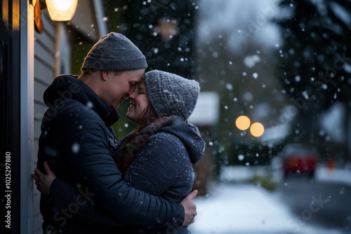 A couple embraces under softly falling snow on a winter evening, bundled in warm jackets and hats, with a snow-covered background creating a peaceful, intimate atmosphere . Winter romance.