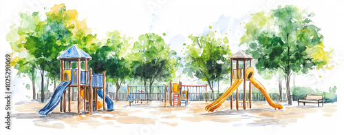 Watercolor painting with outdoor activity in a park and garden with flowers during a sunny summer day surrounded by playground equipment such as swings and slides.