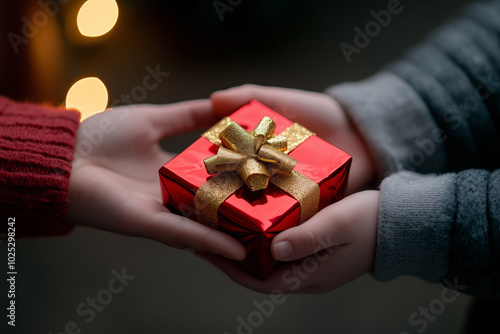 Two people exchange a small red gift box wrapped with a shimmering gold ribbon, with warm lighting adding a cozy, festive feel, perfect for holiday or special occasions. Festive gift exchange. photo