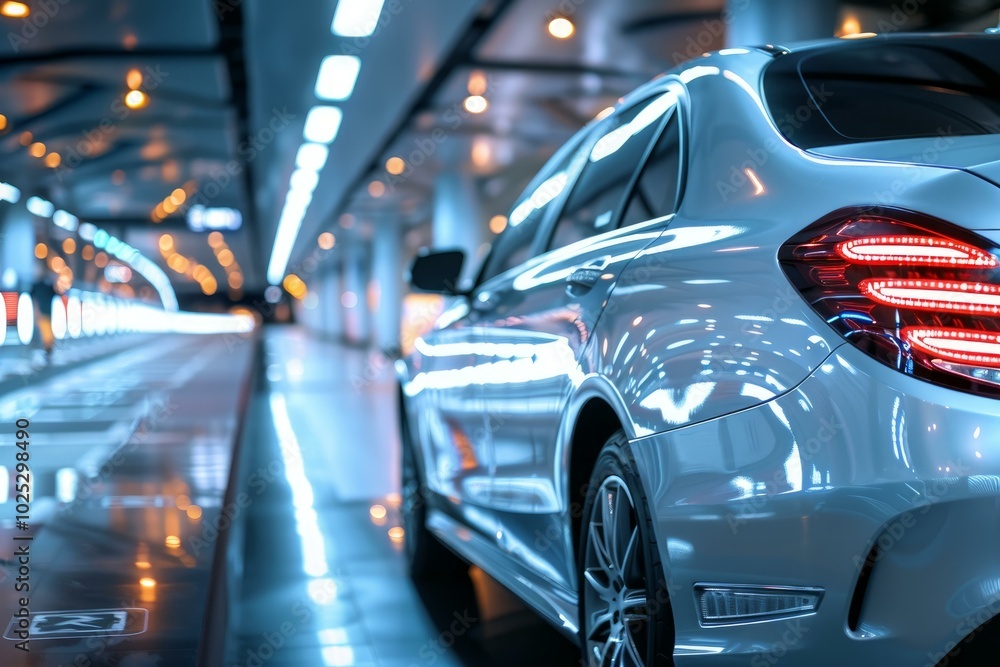 Modern silver car is parked in an underground parking lot with neon lights reflecting off its sleek exterior Modern silver car is parked in an underground parking lot with neon lights reflecting off its sleek exterior