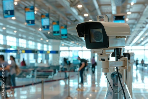 Security camera is monitoring passengers waiting for boarding in airport terminal