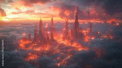 A vibrant fantasy city rises from the clouds, illuminated by warm orange and red lights against a dramatic sunset sky, creating a surreal landscape. photo