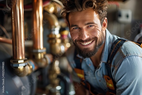 Portrait of a cheerful male plumber repairing an electric boiler in a comfortable home environment.