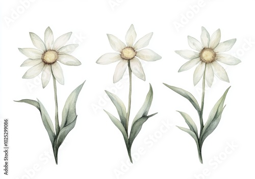 Watercolor hand drawn illustration of Edelweiss flowers (Leontopodium alpinum).