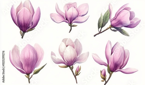 Clipart illustration of watercolor magnolia flowers on white background