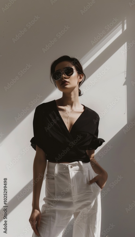 Modern Fashion Portrait: Stylish Woman in Black Top and Sunglasses in Minimalist Setting Modern Fashion Portrait: Stylish Woman in Black Top and Sunglasses in Minimalist Setting