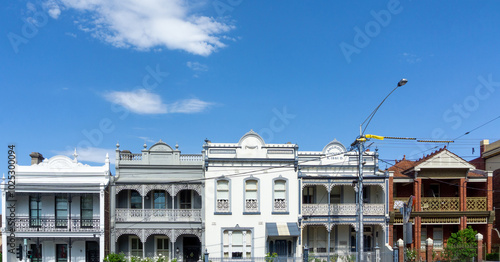 Melbourne’s Heritage Architecture. Charming Terraced Houses with Decorative Iron Lacework (filigree) in Victorian style. Fitzroy Neighbourhood, Melbourne, Australia.