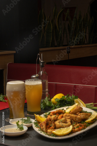 Presentation of a dish with fried prawns breaded with beer photo