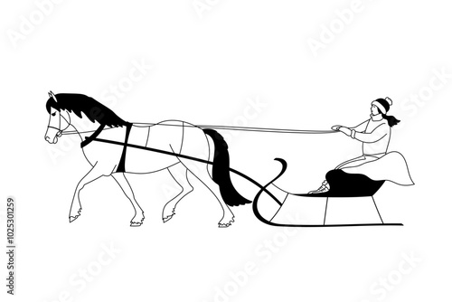 Woman riding a horse-drawn sleigh in winter clothing, minimalist black and white illustration