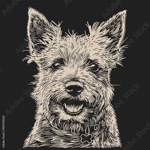 A detailed line drawing of a Cairn Terrier with a playful expression