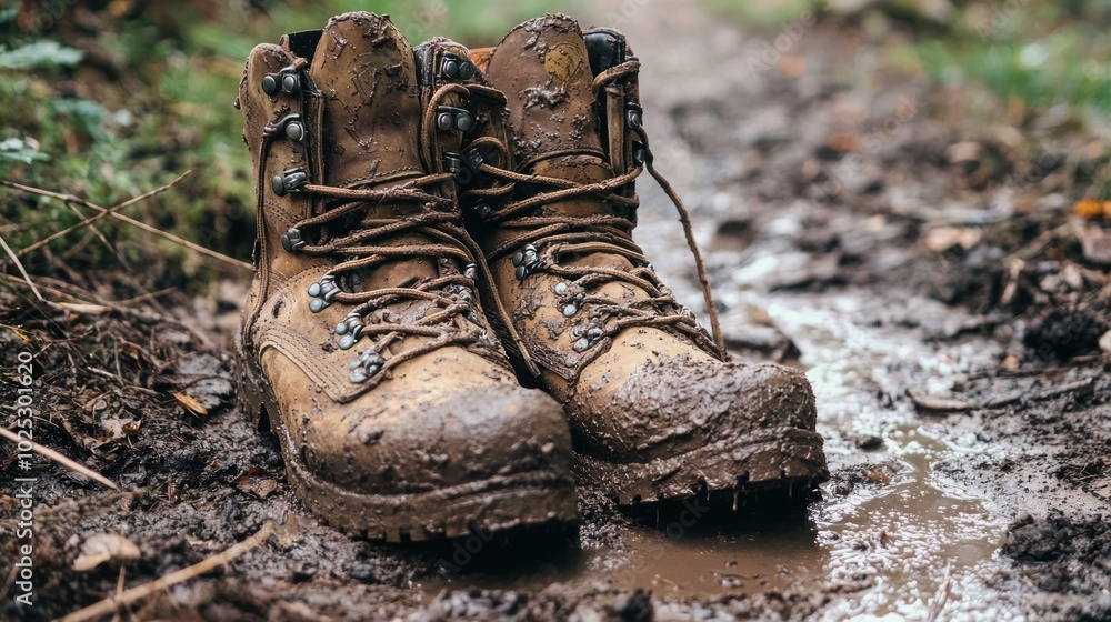 worn-out hiking boots covered in mud, symbolizing adventure and resilience worn-out hiking boots covered in mud, symbolizing adventure and resilience