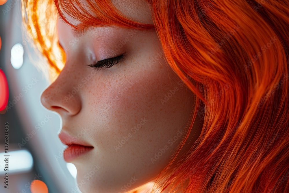 Close-up portrait of a woman with vibrant orange hair and a serene expression in artistic lighting Close-up portrait of a woman with vibrant orange hair and a serene expression in artistic lighting