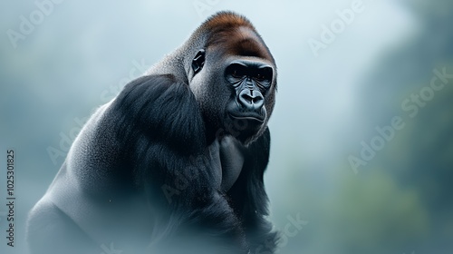 Close-up portrait of a powerful silverback gorilla looking directly at the camera, with a blurred green background. photo