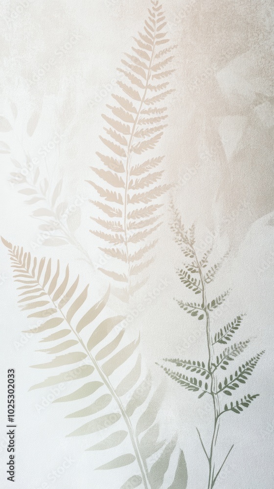 Naklejka premium Stylized botanical illustrations featuring ferns and leaves in soft, muted colors, arranged elegantly on a textured paper background