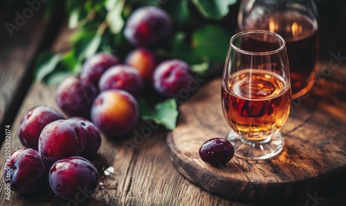 Fresh organic plums and homemade plum liqueur on wooden surface