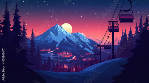 Beautiful ski resort in the night, minimalist flat illustration, vector art poster, ski poster, Ultra-high resolution