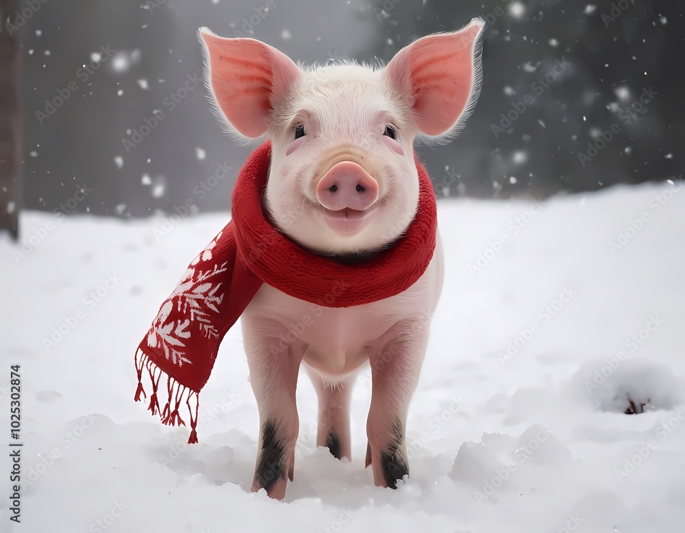 A christmas piglet dressed in a red scarf stands in the snow with a candy cane A christmas piglet dressed in a red scarf stands in the snow with a candy cane