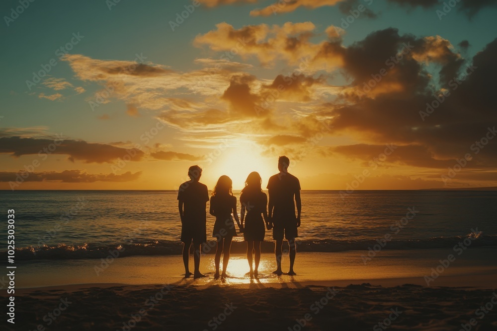 Silhouette of a family standing on a beach at sunset in Hawaii, with four people looking out to sea Generative AI Silhouette of a family standing on a beach at sunset in Hawaii, with four people looking out to sea Generative AI