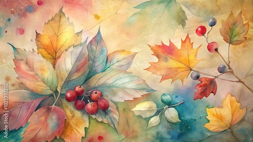 Wallpaper Mural Colorful autumn leaves and berries watercolor painting background Torontodigital.ca