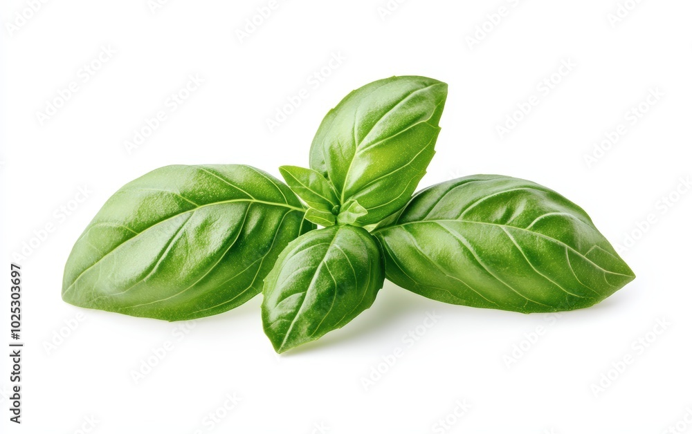 A high-resolution image of fresh, bright green basil leaves isolated on a pure white background. A high-resolution image of fresh, bright green basil leaves isolated on a pure white background.