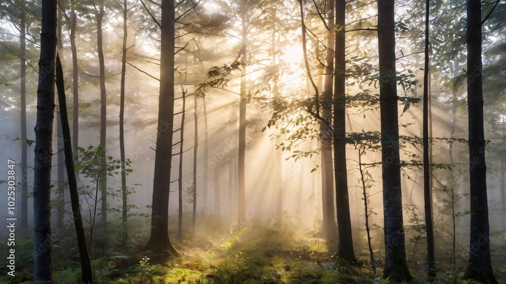 Fototapeta premium misty forest at sunrise