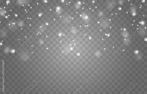 Vector snow falling from above. Snowfall on isolated transparent background. Christmas or winter background. Snow or snowflakes png.