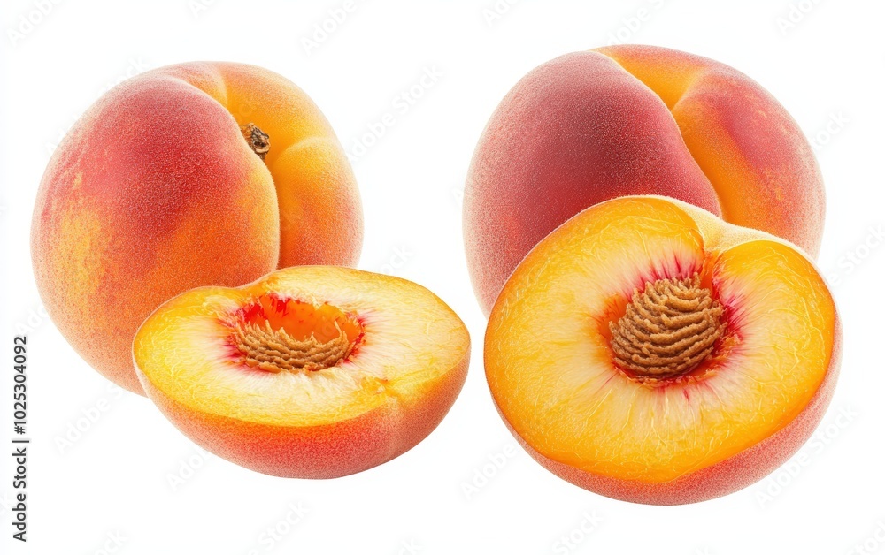 A high-resolution image of perfectly ripe, fuzzy peaches isolated on a pure white background. A high-resolution image of perfectly ripe, fuzzy peaches isolated on a pure white background.