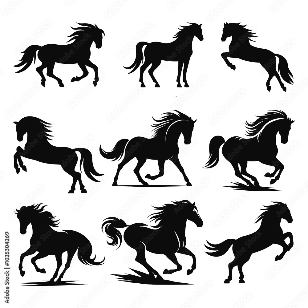 set of hand drawn horses silhouette set set of hand drawn horses silhouette set