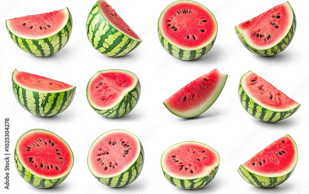 A high-resolution image of perfectly ripe, juicy watermelon slices isolated on a pure white background. A high-resolution image of perfectly ripe, juicy watermelon slices isolated on a pure white background.