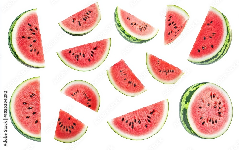 A high-resolution image of perfectly ripe, juicy watermelon slices isolated on a pure white background. A high-resolution image of perfectly ripe, juicy watermelon slices isolated on a pure white background.