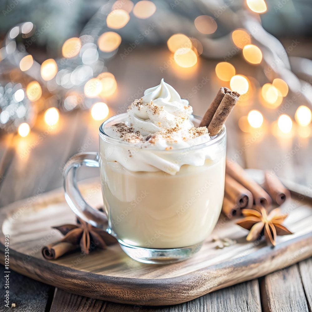 Delicious eggnog cocktail decorated with whipped cream and cinnamon for christmas eve party Delicious eggnog cocktail decorated with whipped cream and cinnamon for christmas eve party