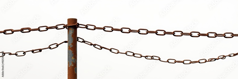 Weathered rusty chain linked between posts, representing resilience and security. Ideal for use in construction, industrial designs, and safety concepts. Weathered rusty chain linked between posts, representing resilience and security. Ideal for use in construction, industrial designs, and safety concepts.