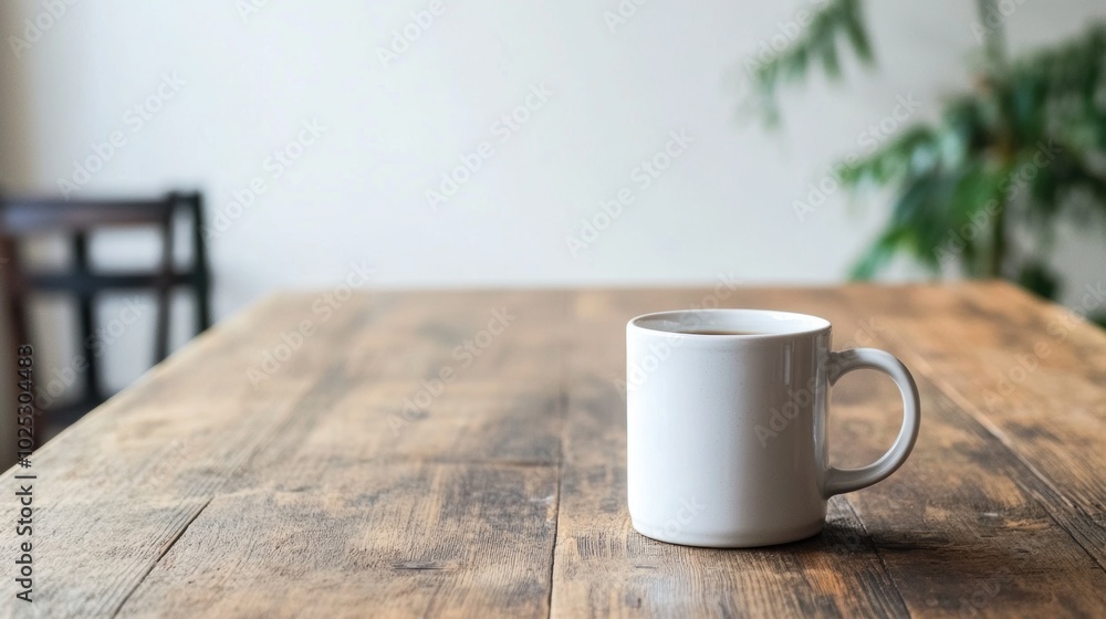 Obraz premium Minimalist white coffee cup on a wooden table, with soft natural lighting.