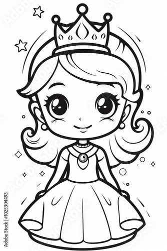 Cute princess cartoon. Outline black and white image. Coloring book page