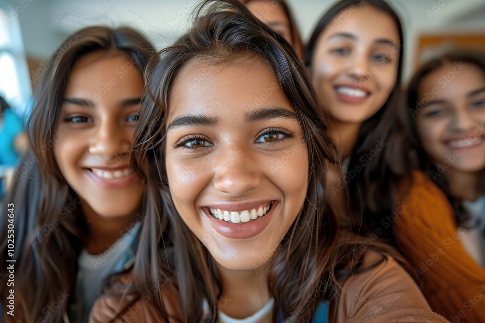 Indian Female Student Radiating Confidence while Laughing with College Friends in Classroom Indian Female Student Radiating Confidence while Laughing with College Friends in Classroom