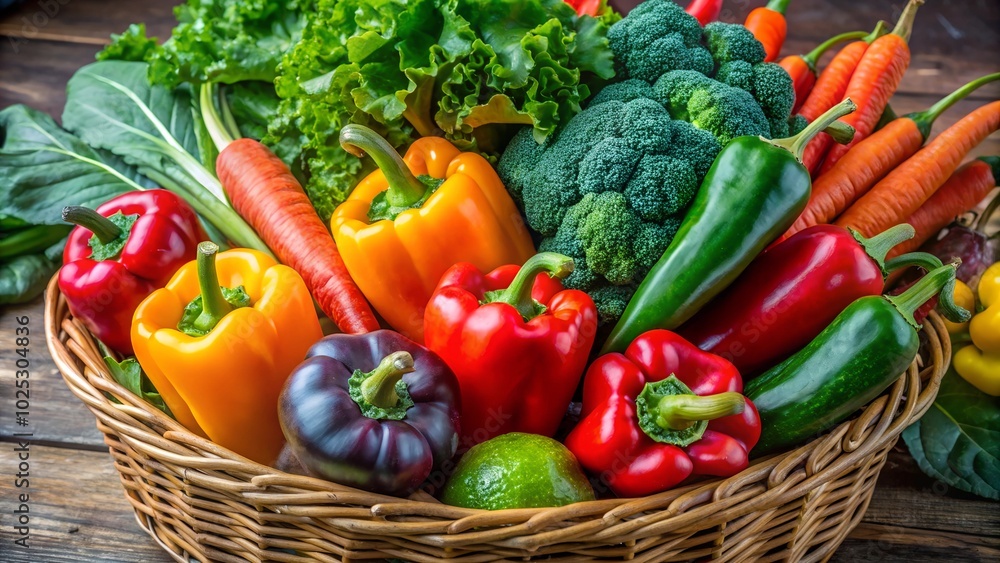 Wicker basket overflowing with freshly picked vegetables Wicker basket overflowing with freshly picked vegetables