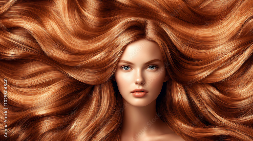 hair dye packaging image featuring a woman with well-groomed, wavy copper red hair. Her hair should appear smooth, glossy, and voluminous, with rich copper tones hair dye packaging image featuring a woman with well-groomed, wavy copper red hair. Her hair should appear smooth, glossy, and voluminous, with rich copper tones