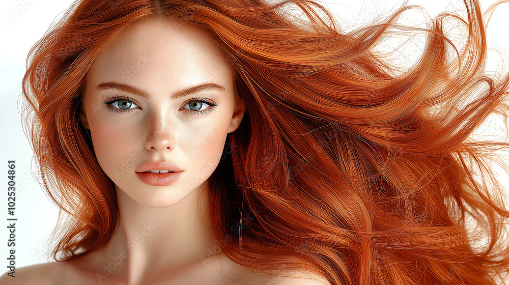Obraz premium hair dye packaging image featuring a woman with well-groomed, wavy copper red hair. Her hair should appear smooth, glossy, and voluminous, with rich copper tones