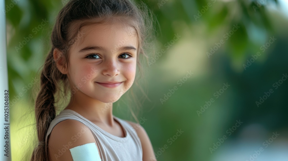Portrait of a young girl with a hospital plaster on her arm, smiling softly. Minimal background, focusing on her resilience and strength. Portrait of a young girl with a hospital plaster on her arm, smiling softly. Minimal background, focusing on her resilience and strength.