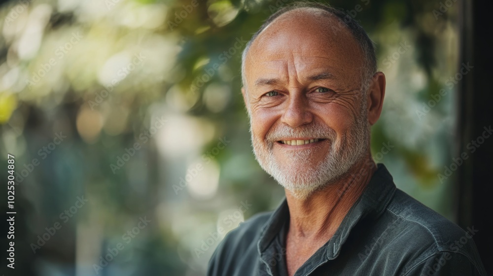 Smiling senior man posing confidently, with a blurred backdrop. Clean and minimalistic portrait. Smiling senior man posing confidently, with a blurred backdrop. Clean and minimalistic portrait.
