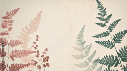 Stylized botanical illustrations featuring ferns and leaves in soft, muted colors, arranged elegantly on a textured paper background