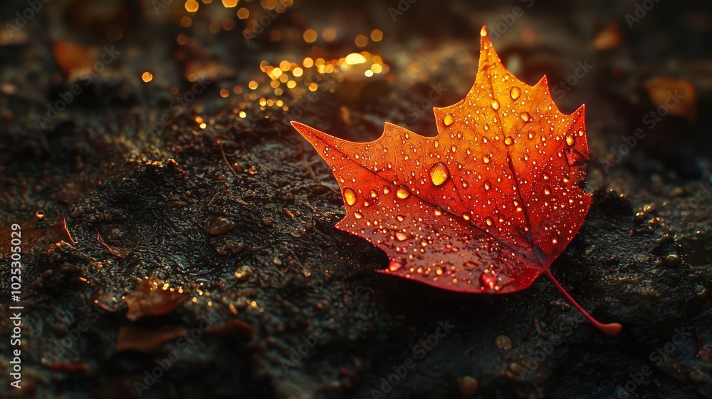 Red autumn leaf covered with dew droplets, resting on wet dark ground
Red autumn leaf covered with dew droplets, resting on wet dark ground