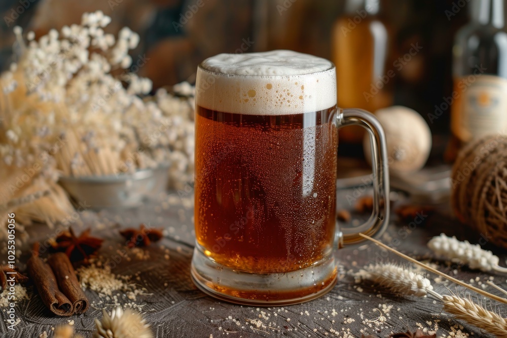 Fototapeta premium Glass mug of cold, frothy beer sits on a rustic wooden table, surrounded by spices and grains