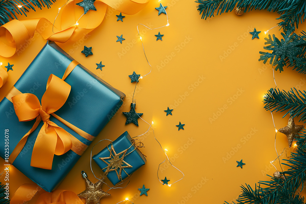 A blue box with a yellow bow sits on a yellow background A blue box with a yellow bow sits on a yellow background
