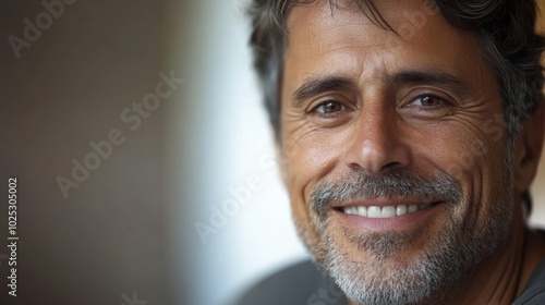 Close-up of a smiling mature man posing for a photograph, blurred background. Minimalistic image focusing on his expression.