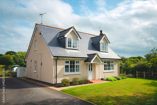 White quartz render, upvc double-glazed windows, a front porch, and a slate roof characterize this UK bungalow.