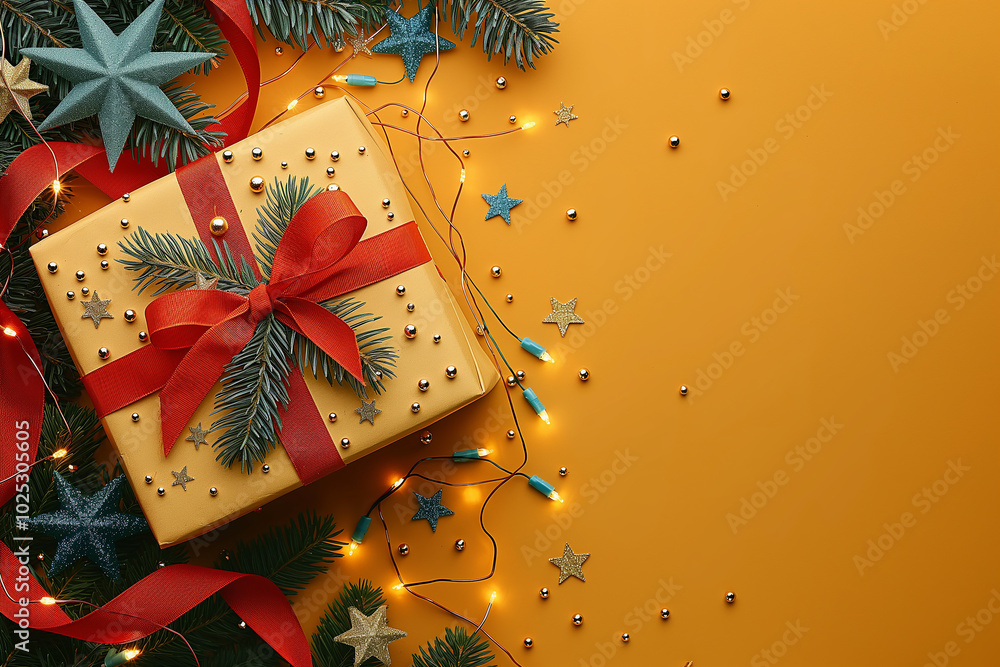 A box with a red ribbon on top of a yellow background with Christmas decorations A box with a red ribbon on top of a yellow background with Christmas decorations