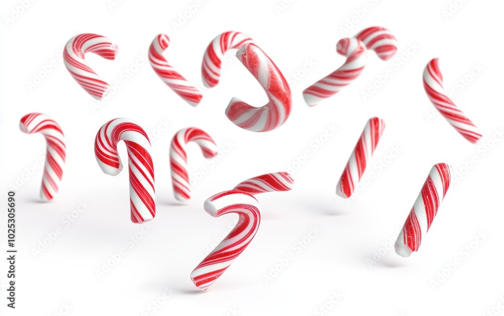 candy canes flying through the air against a pure white background. candy canes flying through the air against a pure white background.